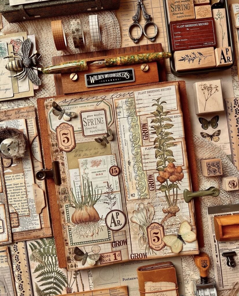 Spring scrapbook page featuring natural colors, botanical elements and mix media style