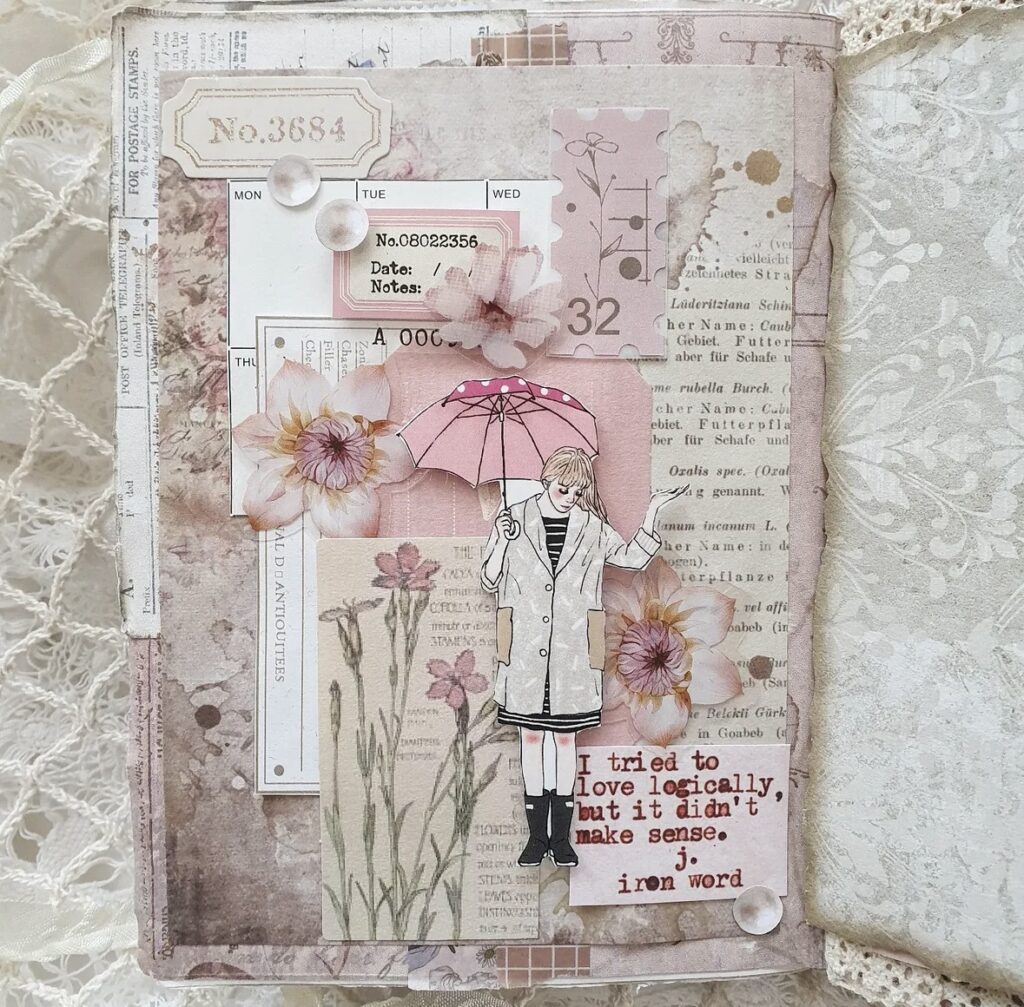 Spring scrapbook page featuring multi layered page with girl holding umbrella with cream and pink color style