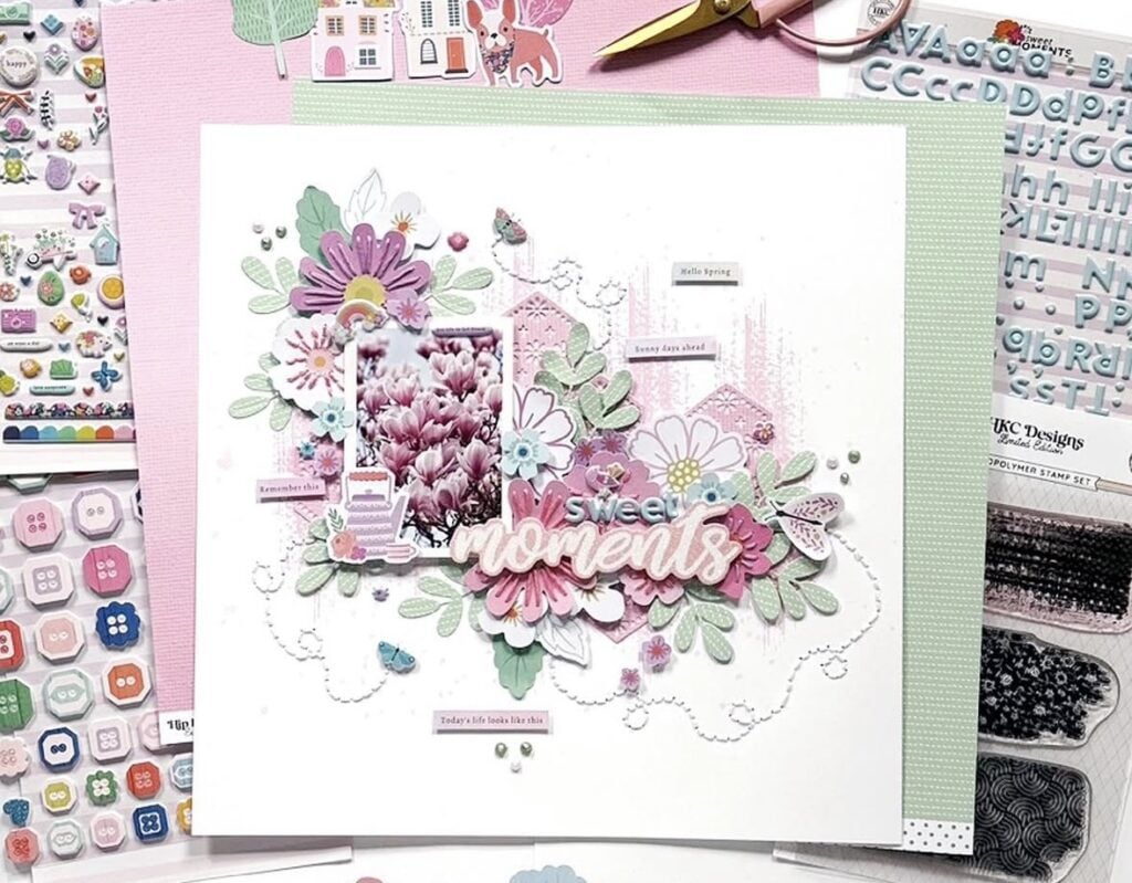 Spring scrapbook page featuring mint green and pink with cardboard flowers