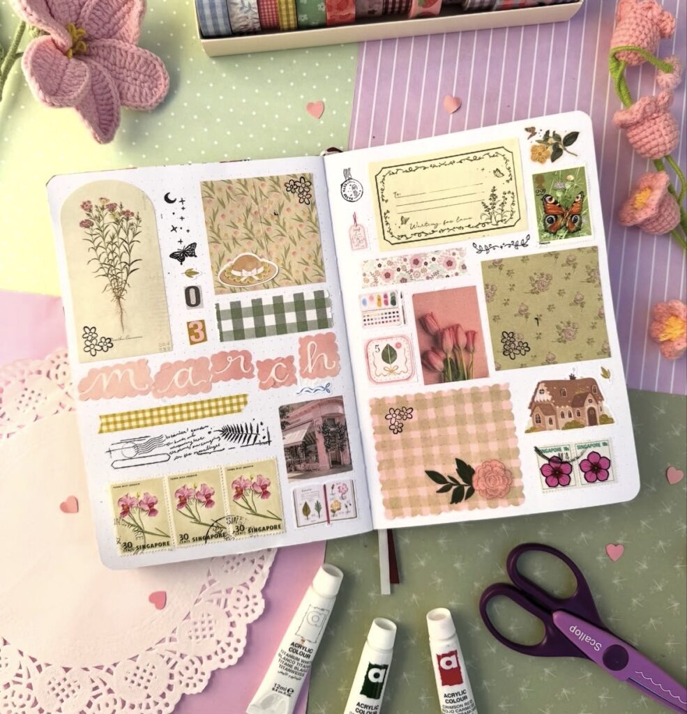 Spring scrapbook page featuring grid styling with word March in middle