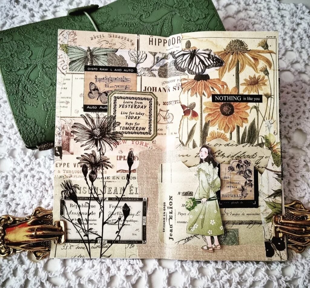 Spring scrapbook page featuring natural botanical style with tans, white, green and black, with flowers and a girl in the middle