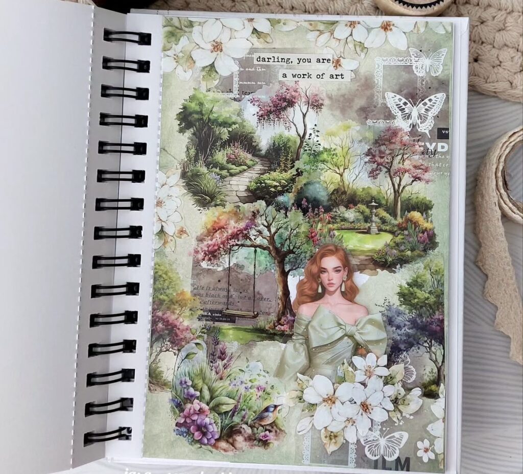 Spring scrapbook page featuring a girl image among a park like setting in green colors