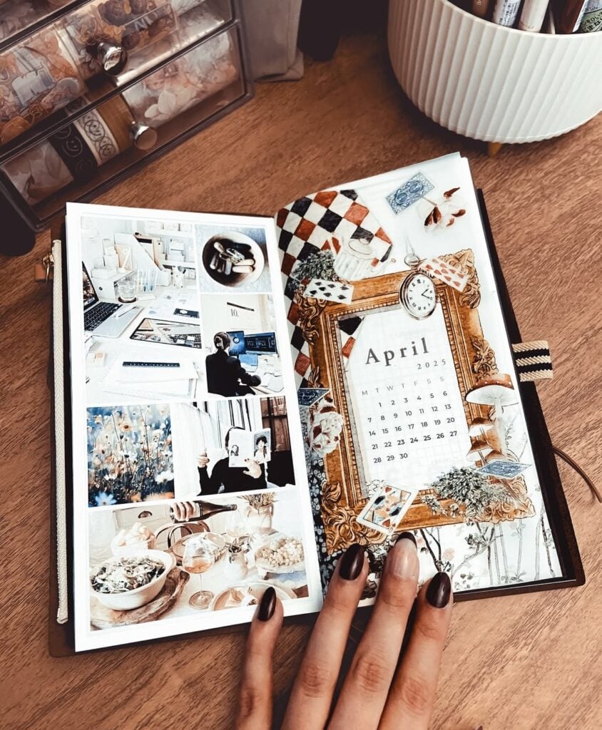 Spring scrapbook layout for April with journaling blocks, layered paper strips, and floral-themed accents in neutral colors