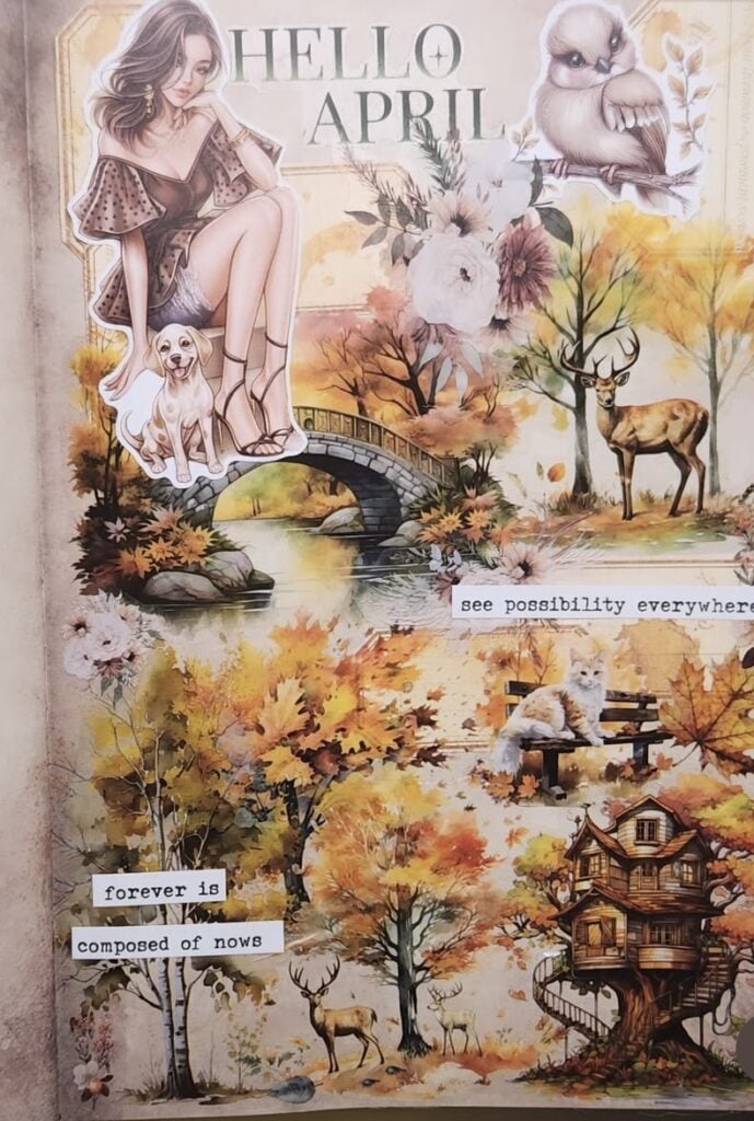 Spring scrapbook page with layered elements, pastel yellow details, and a bright, clean spring vibe of a girl outside with a saying "hello april"