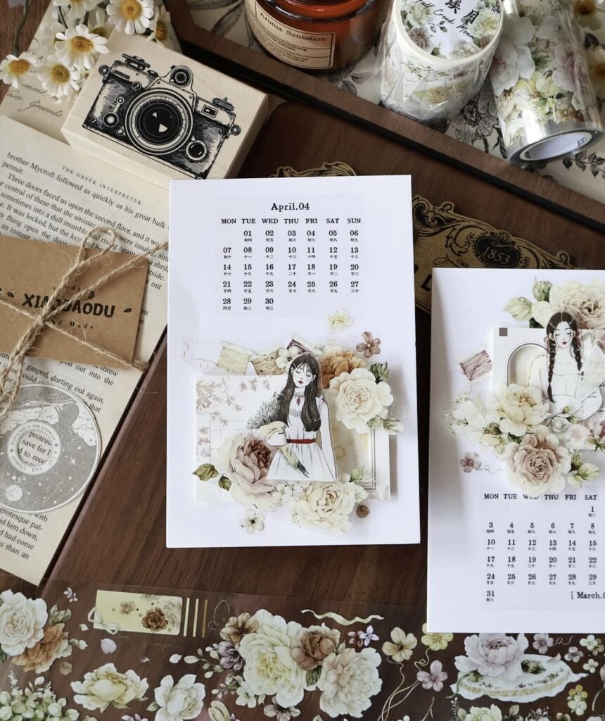 Spring scrapbook page featuring calendar page with soft coloring and girl