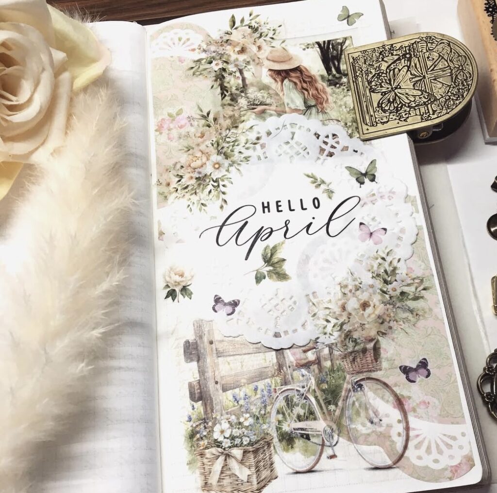 Spring scrapbook page featuring a girl in a garden with a fence and her bicycle with saying hello april