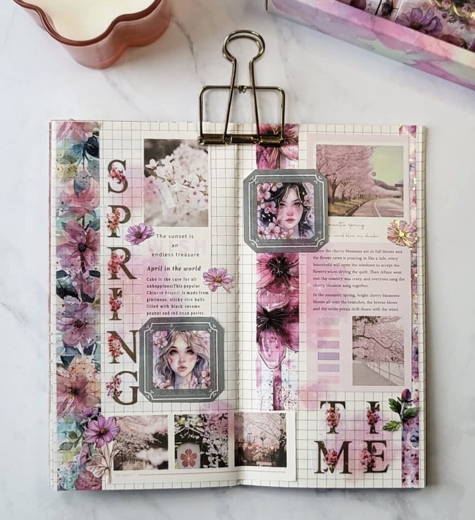 Spring scrapbook page featuring pink colors with flower blossoms, images of a womans face and poetry