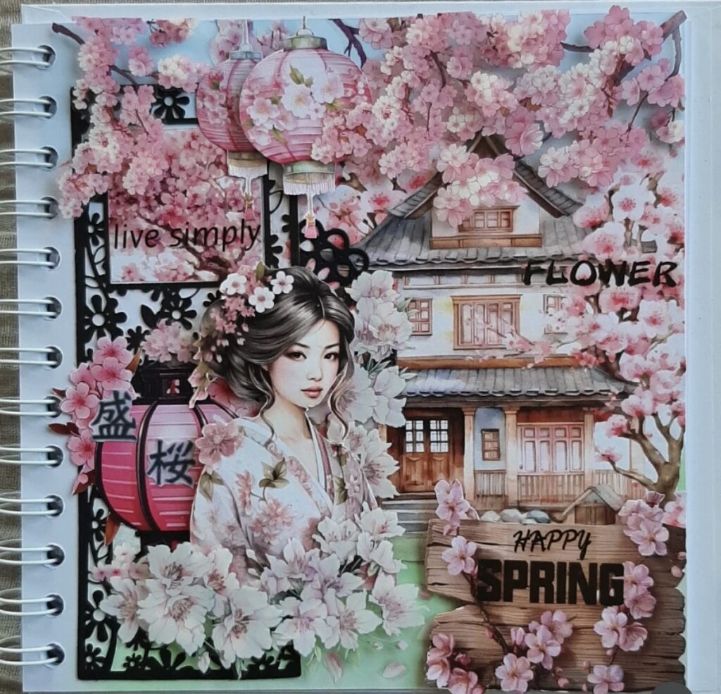Spring scrapbook page featuring a woman in a garden full of trees in pink blooms and a house in the background and a saying hello spring