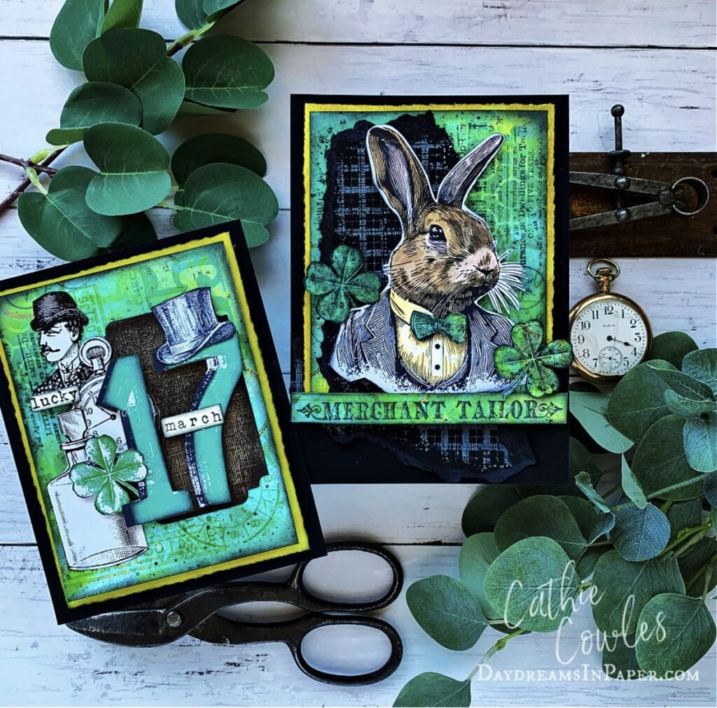 St Patricks Day card with vivid green and black styling with a rabbit in a top hat and the date March 17