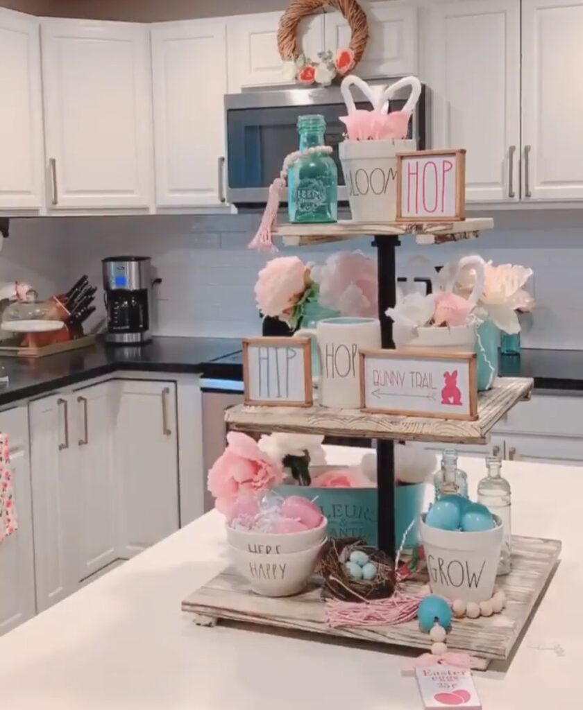 Three tier rectangle tray with turquoise elements and pink with signs