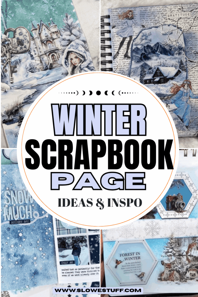 Collage of winter scrapbook pages and junk journal layouts in icy blue and white tones, featuring snow-covered castles, cozy cottages, and scrapbook titles like ‘Winter Scrapbook Page Ideas & Inspo'