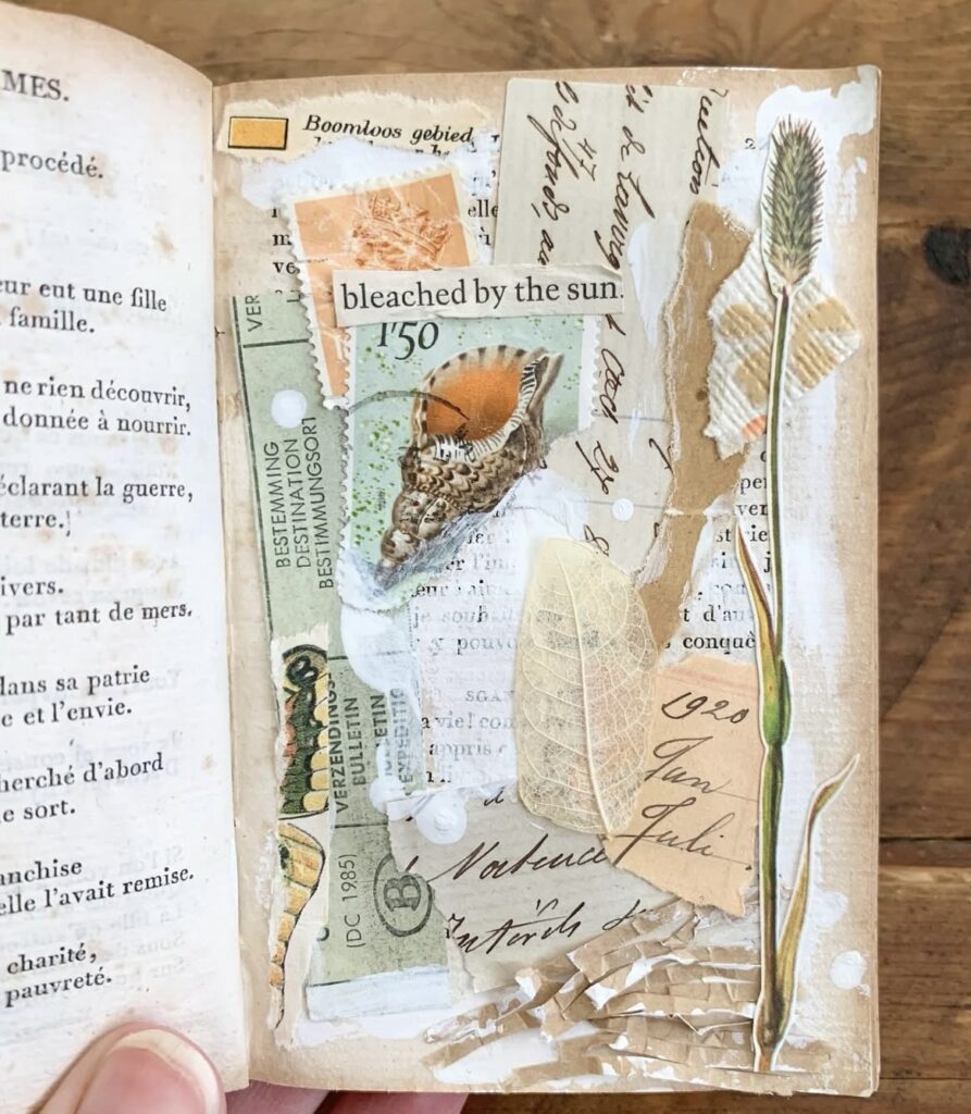 Vintage-style beach junk journal page with torn paper layers, a seashell illustration, postage ephemera, and the phrase “bleached by the sun.”
