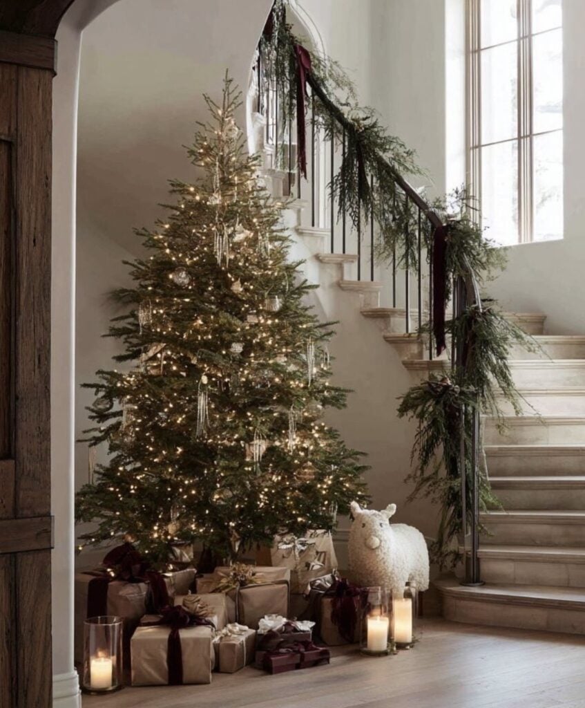 Elegant gold Christmas tree with shimmering ornaments and layered metallic decorations.