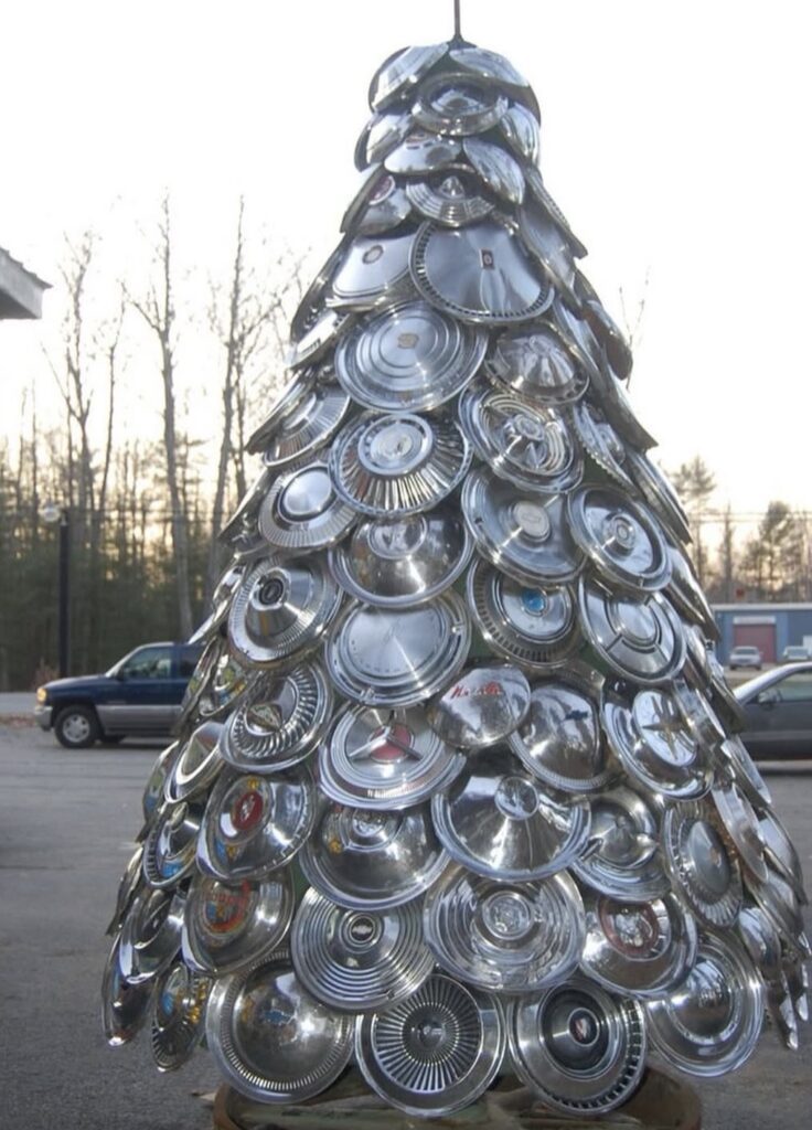 Innovative Christmas tree alternative with hubcaps a unique festive shape for creative holiday decorating
