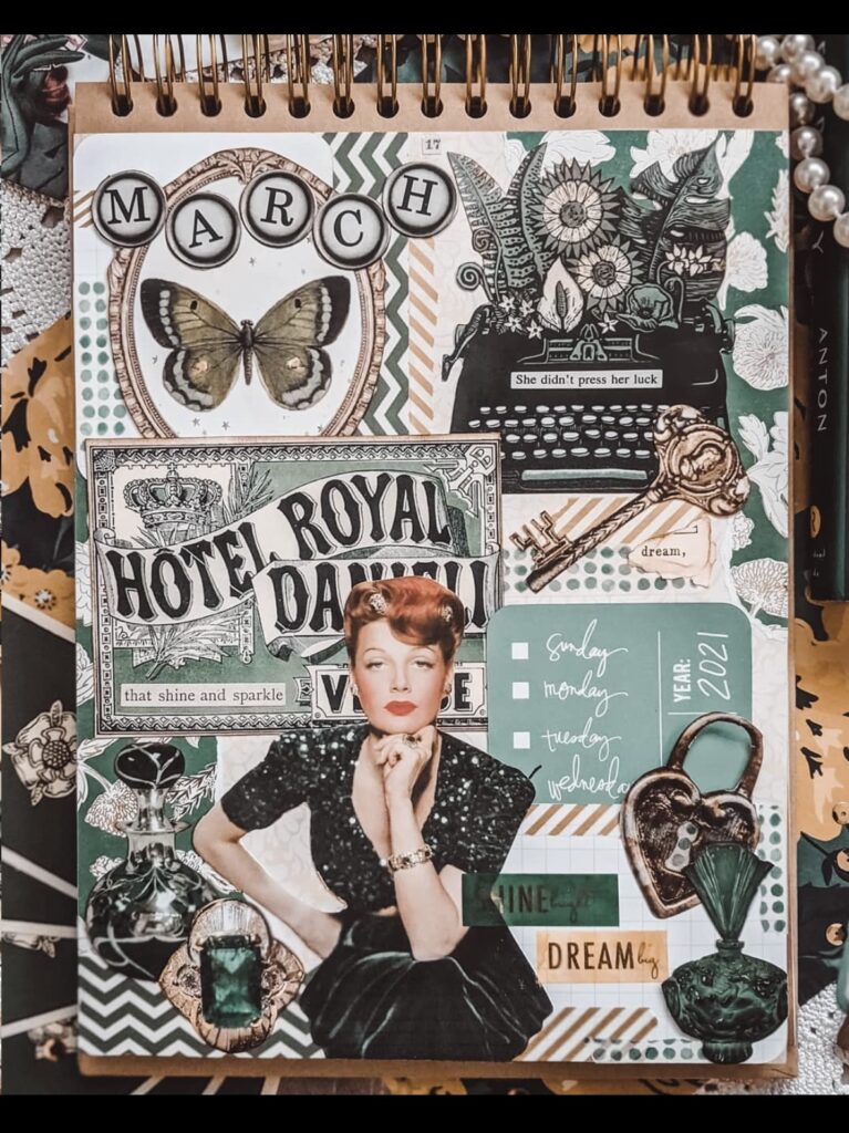 Vintage March junk journal collage page with typewriter, butterfly, key, and retro woman cutout in green, black, and cream.