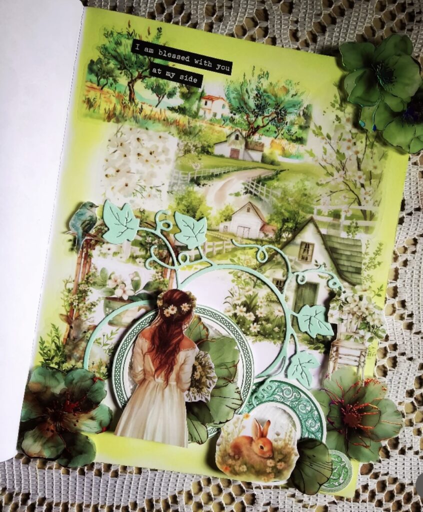 Green cottagecore junk journal page with a countryside landscape, leafy frame layers, a girl holding flowers, and a small bunny illustration.