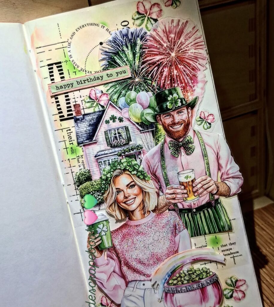 St. Patrick’s Day themed illustrated journal spread with a smiling couple, shamrocks, balloons, fireworks, and a pot of gold.