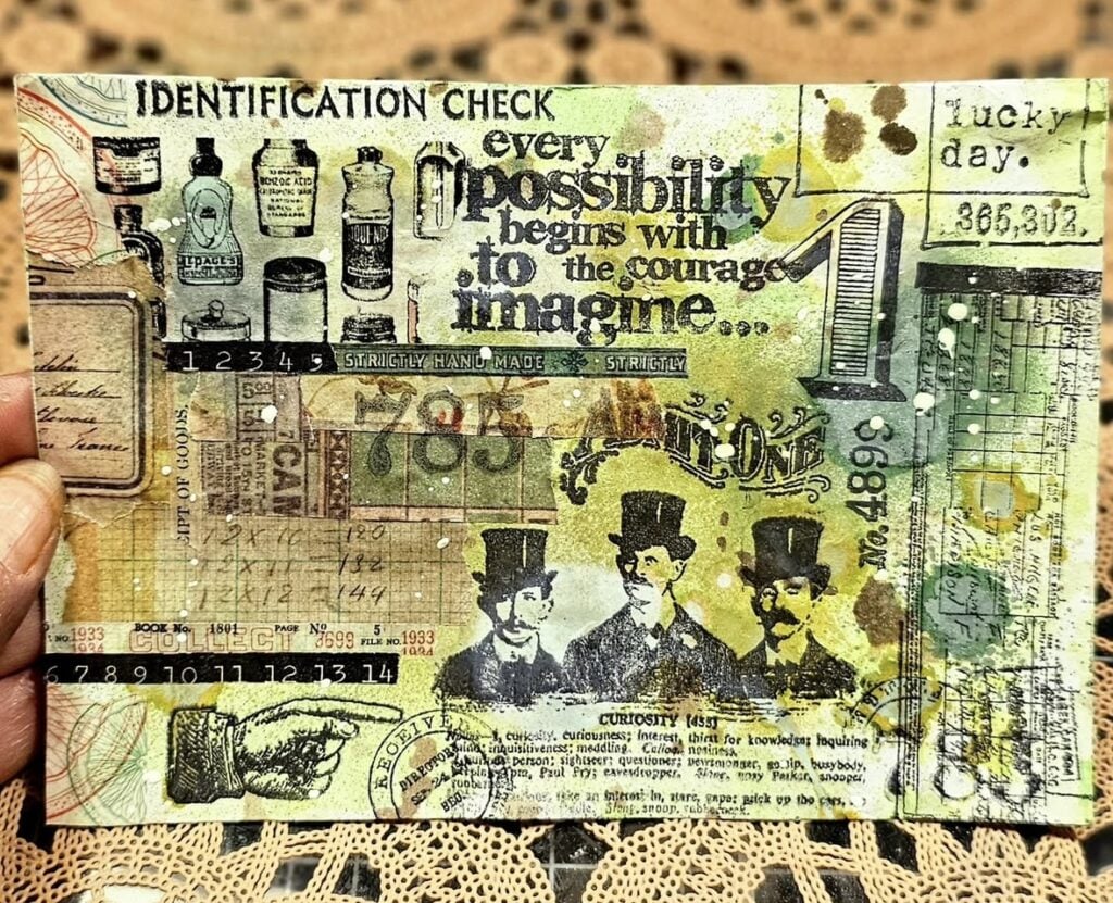 Mixed media vintage ephemera collage with numbers, bottles, top-hatted men, and the quote “Every possibility begins with the courage to imagine.”