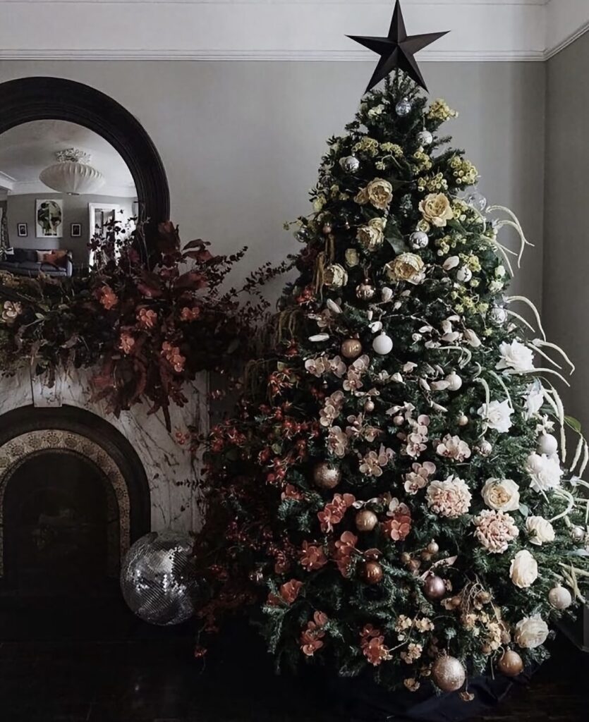 Unconventional Christmas tree with creative decor and unexpected holiday details