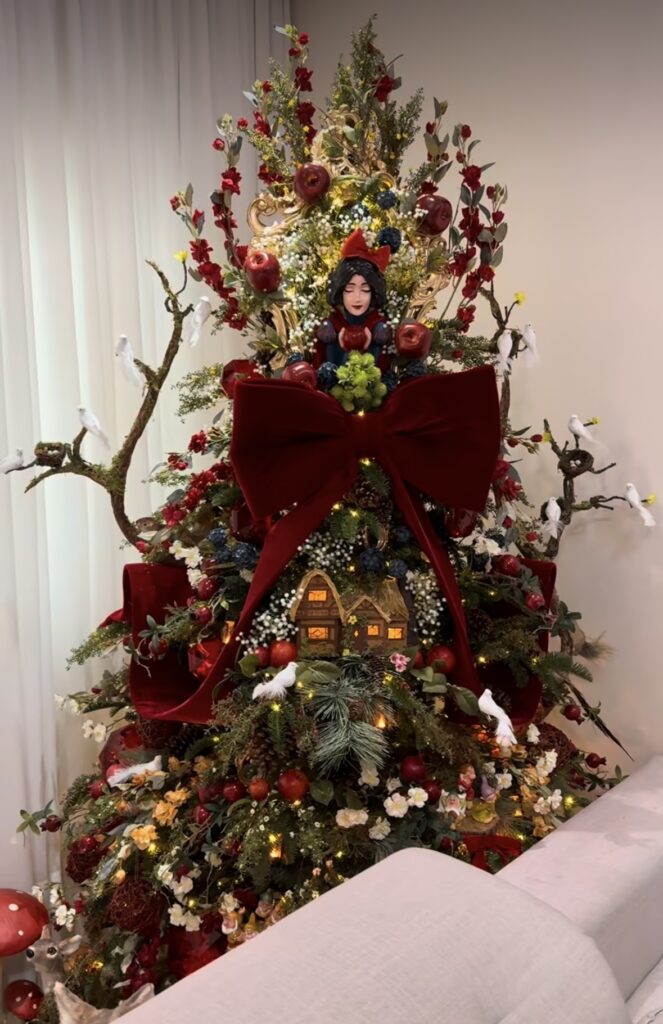 Creative Christmas tree with unconventional decorations and dramatic holiday style in fairy tale