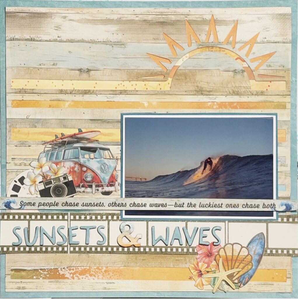 Ocean scrapbook layout featuring layered tan papers and a surfer that says sunsets and waves