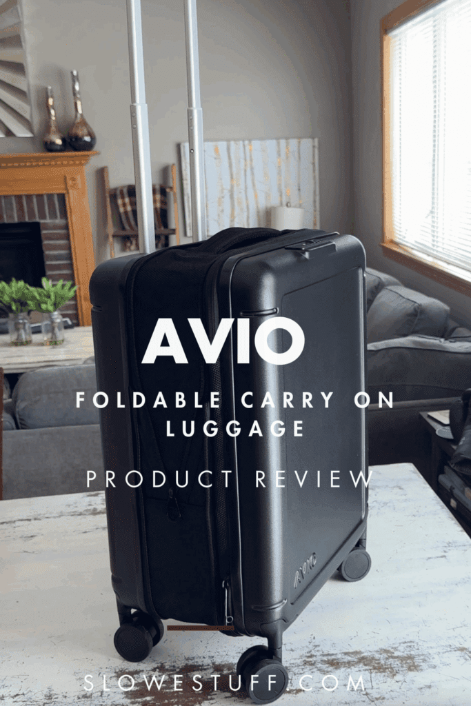 Avio Foldable Carry on Luggage image of luggage on table with heading Product review