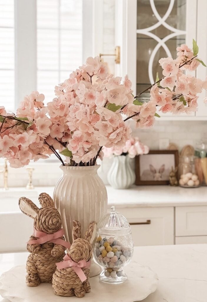 Soft pink Easter kitchen decor with cherry blossom stems in a cream vase, woven bunny figurines with pink bows, and a glass jar filled with pastel eggs.