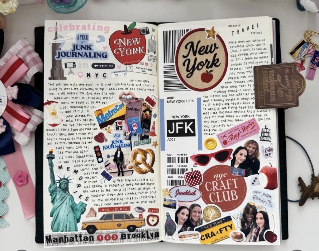 Junk journal two page layout featuring New York City travel journal