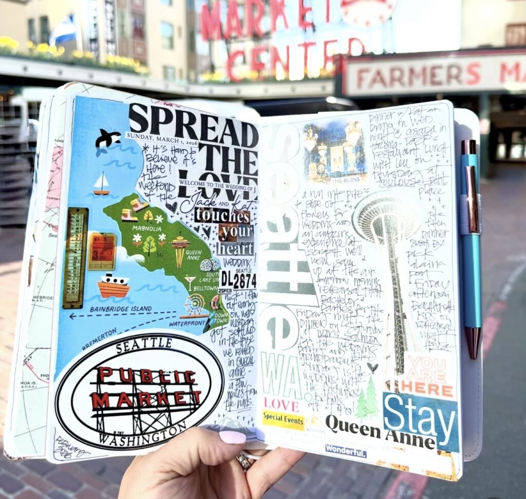 Travel journal spread held up in front of Pike Place Market in Seattle, featuring a map-style illustration, “Public Market Washington” sticker, and handwritten notes.