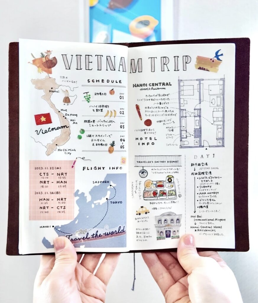 Open travel planner spread titled “VIETNAM TRIP” with a Vietnam map, flight info, itinerary schedule, and hotel notes in a neat, illustrated layout.