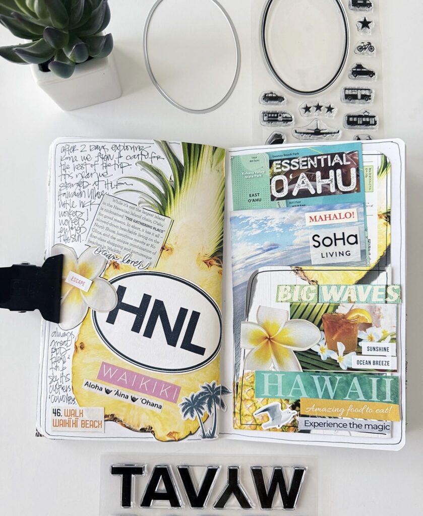 Hawaii travel scrapbook spread with pineapple background, “HNL” and “Waikiki” labels, tropical flowers, and layered pocket-style ephemera on the right page.