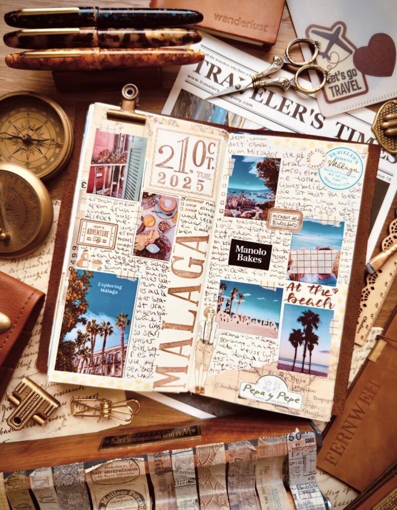 Open travel journal spread on a desk with photos, handwritten notes, and “MALAGA” title, surrounded by pens, scissors, compass, and travel-themed supplies.