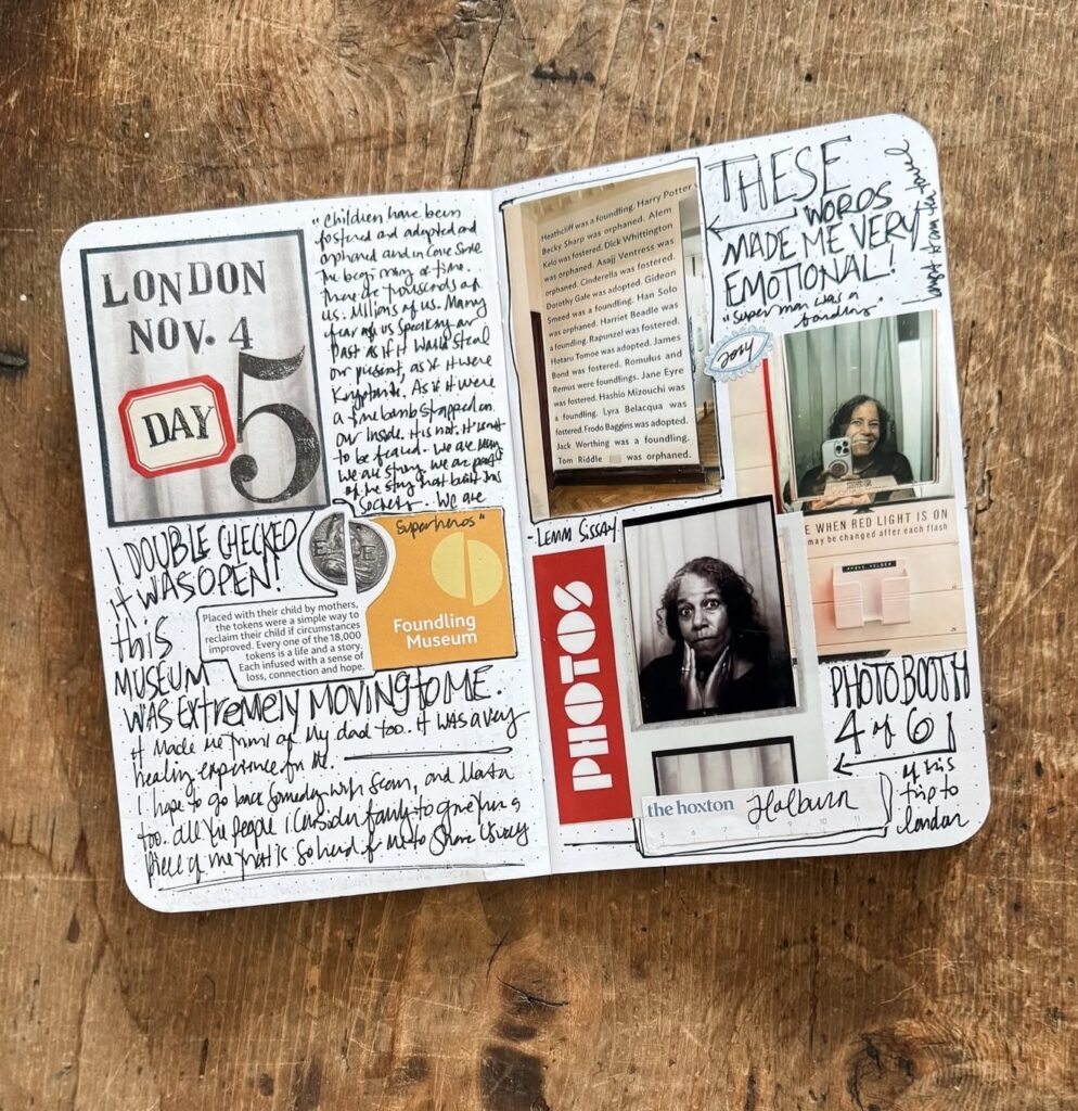 London travel journal spread on a wooden table with “London Nov. 4 Day 5” title, photobooth photos, museum ticket ephemera, and handwritten journaling.