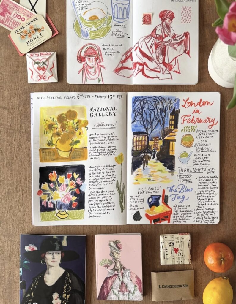 Illustrated travel sketchbook pages labeled “National Gallery” and “London in February,” filled with watercolor art, notes, and highlight lists laid out on a desk.