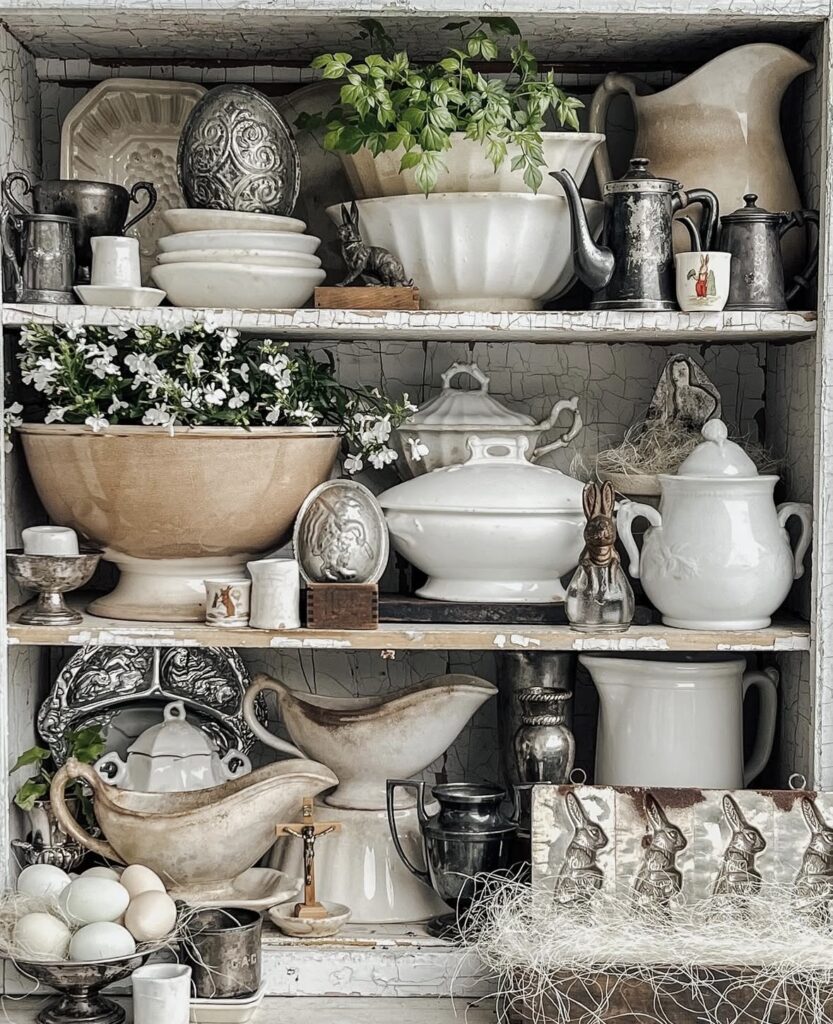 Easter hutch decor with white ironstone pitchers, tureens, vintage silver, pale eggs, rabbit accents, and soft neutral spring styling.