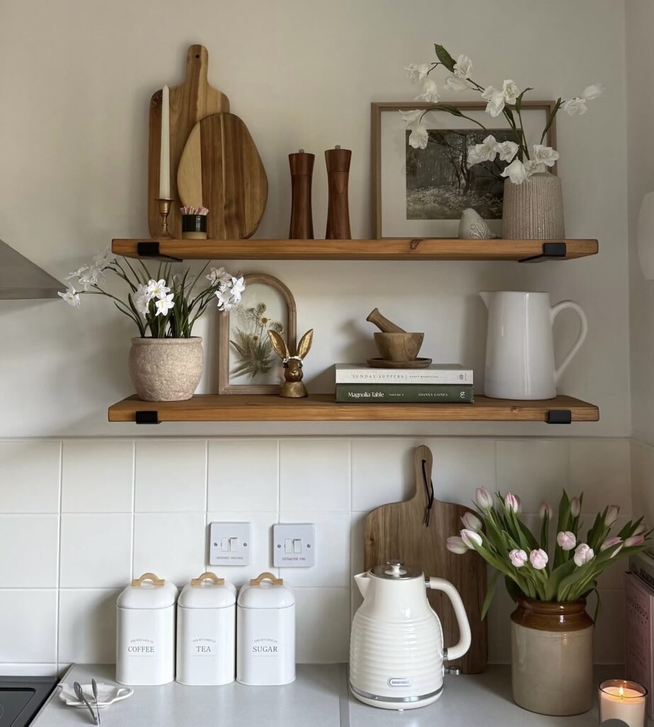 Simple Easter kitchen shelf decor with wooden cutting boards, white flowers, brass bunny accent, framed art, and soft neutral styling above the counter.