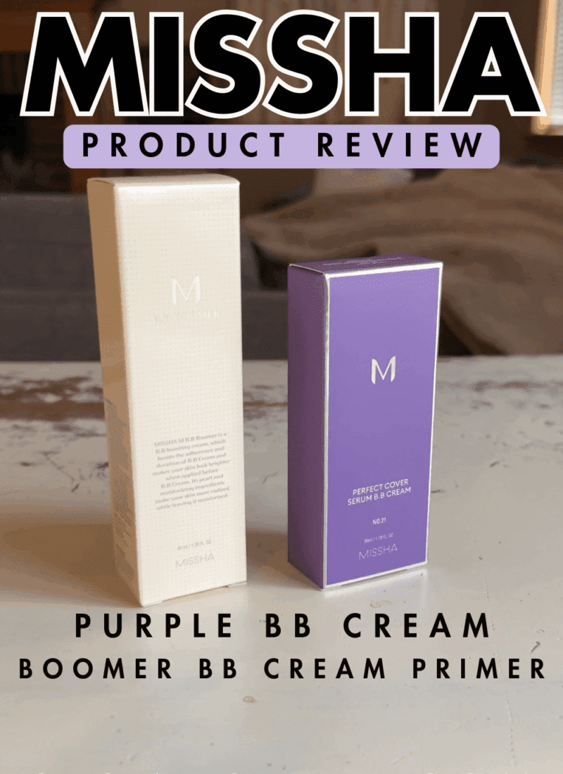 Pinterest pin graphic showing Missha BB Boomer primer and Perfect Cover Serum BB Cream box on a table with the headline “MISSHA PRODUCT REVIEW” and subheading “PURPLE BB CREAM BOOMER BB CREAM PRIMER,” featured by slowestuff.com.