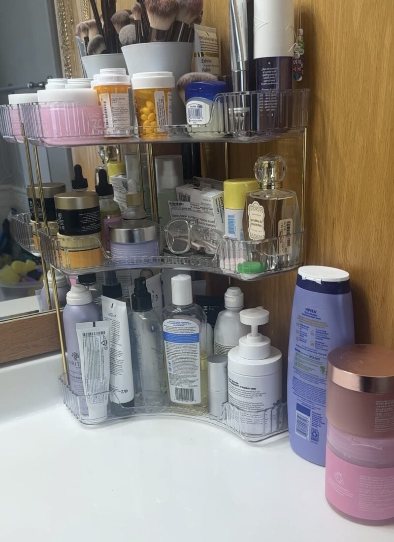 Three tier bathroom counter shelf for small bathrooms and dorms