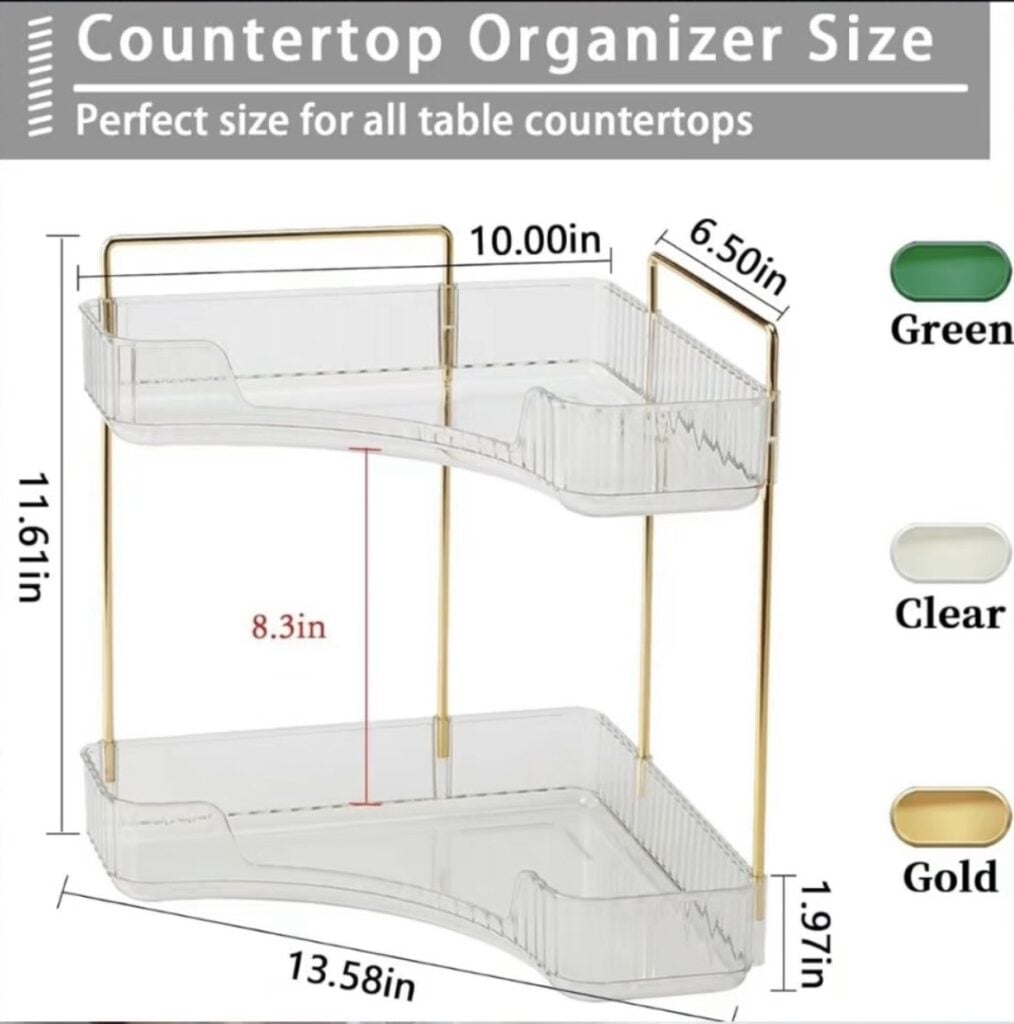 Size chart for a clear acrylic bathroom countertop organizer with gold metal frame, showing dimensions for the multi-tier vanity storage shelf.