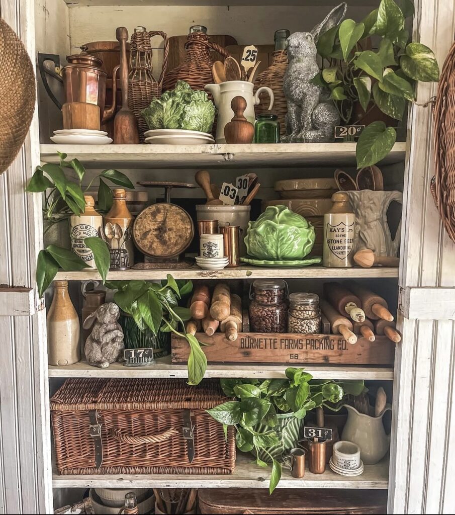 Earthy Easter kitchen cabinet decor with vintage scales, rolling pins, wicker bottles, green cabbage dishes, stone bunny figures, and trailing pothos vines.