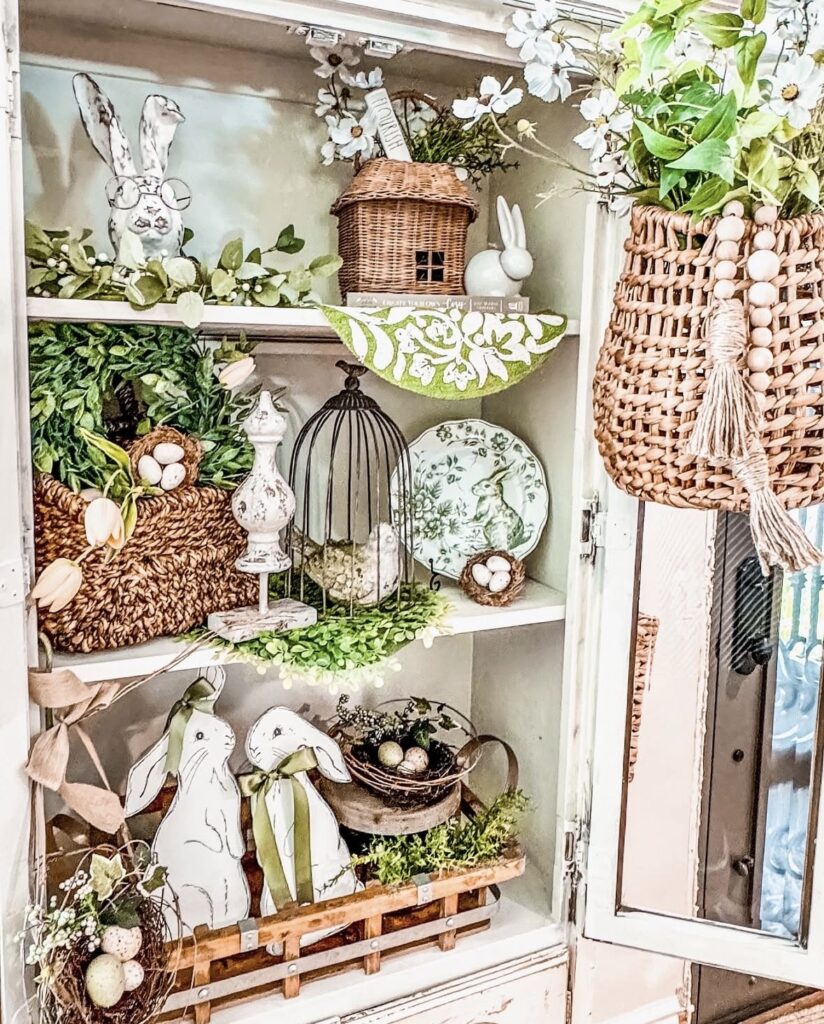 Farmhouse Easter hutch decor with wicker baskets, bunny art, bird nests, greenery, floral plates, and layered rabbit figures in a softly distressed cabinet.