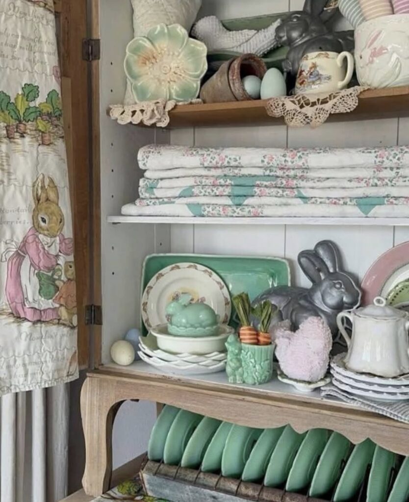 Vintage-inspired Easter kitchen cabinet decor with pastel dishware, bunny figures, Beatrix Potter pieces, folded floral linens, and soft mint and pink spring accents.