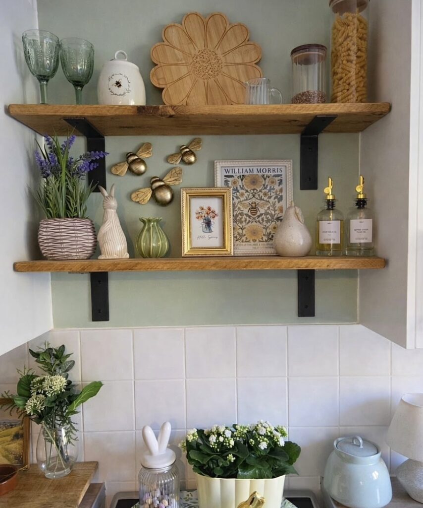 Easter kitchen shelf decor with wooden open shelves, green wall paint, brass bee accents, framed floral art, bunny figurines, lavender, and soft spring cottage styling.