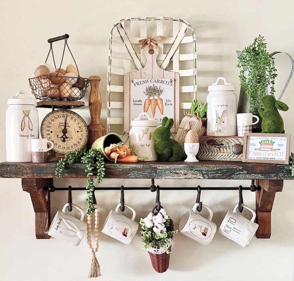 Farmhouse Easter shelf decor with bunny canisters, carrot sign, vintage kitchen scale, moss rabbits, hanging mugs, greenery, and rustic spring accents.