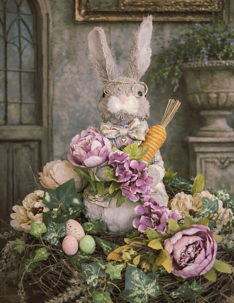 Whimsical Easter table decor with a bunny figure in glasses holding flowers and a carrot, surrounded by pastel eggs, ivy, and pink spring blooms.