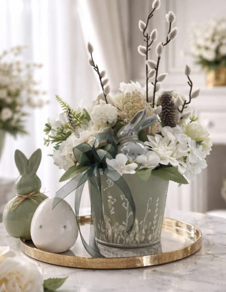 Soft green Easter tray decor with a bunny floral arrangement, white ceramic egg, pussy willow stems, and white spring flowers on a round gold tray.