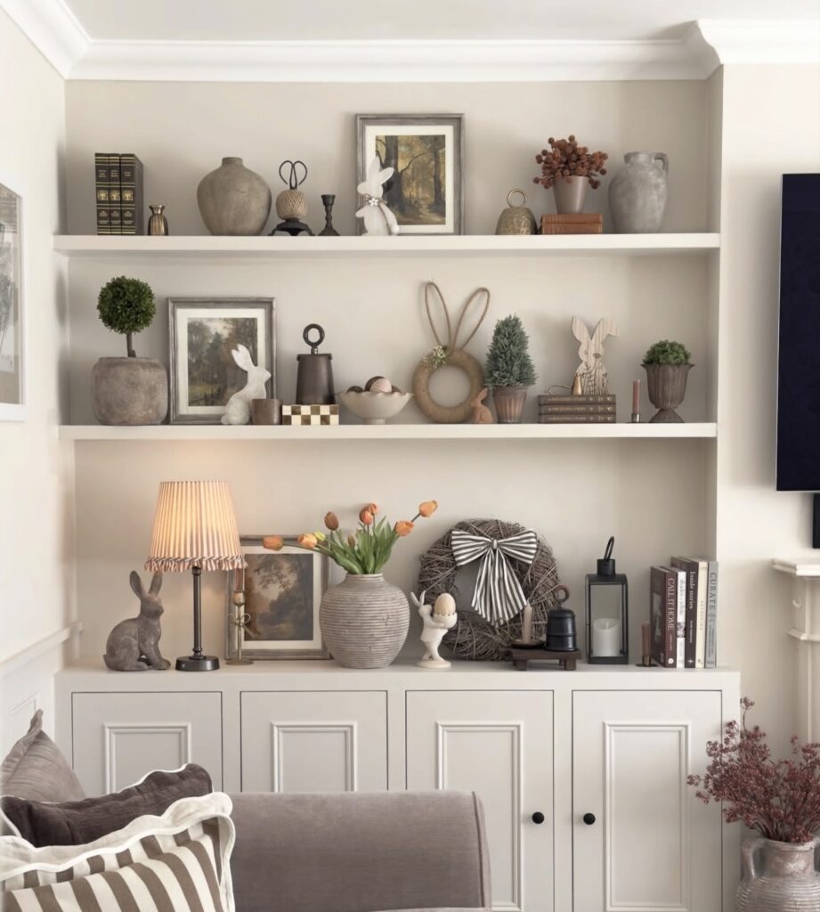 Built-in shelf Easter decor with neutral pottery, framed art, bunny figurines, topiary accents, tulips, and a twig wreath in a calm, earthy living room