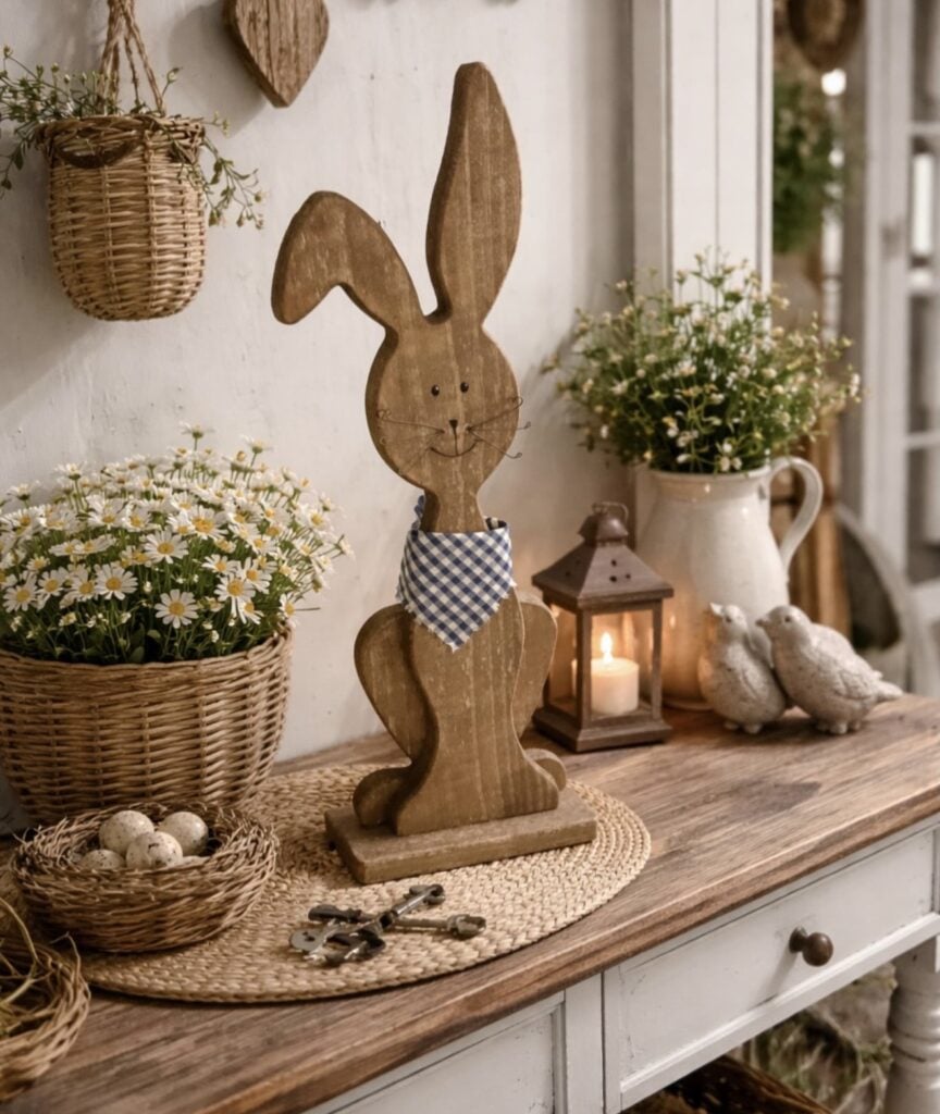Rustic Easter side table decor with a wooden bunny figure, wicker baskets of daisies, speckled eggs, a lantern candle, and bird figurines on a warm wood console.