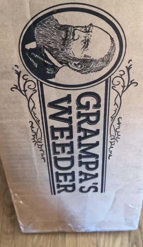 Box containing Grampa's weeder which comes fully assembled