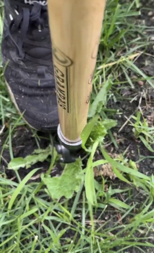 Close-up of Grampa’s Weeder steel claw weed-pulling head designed to grab weeds by the root.